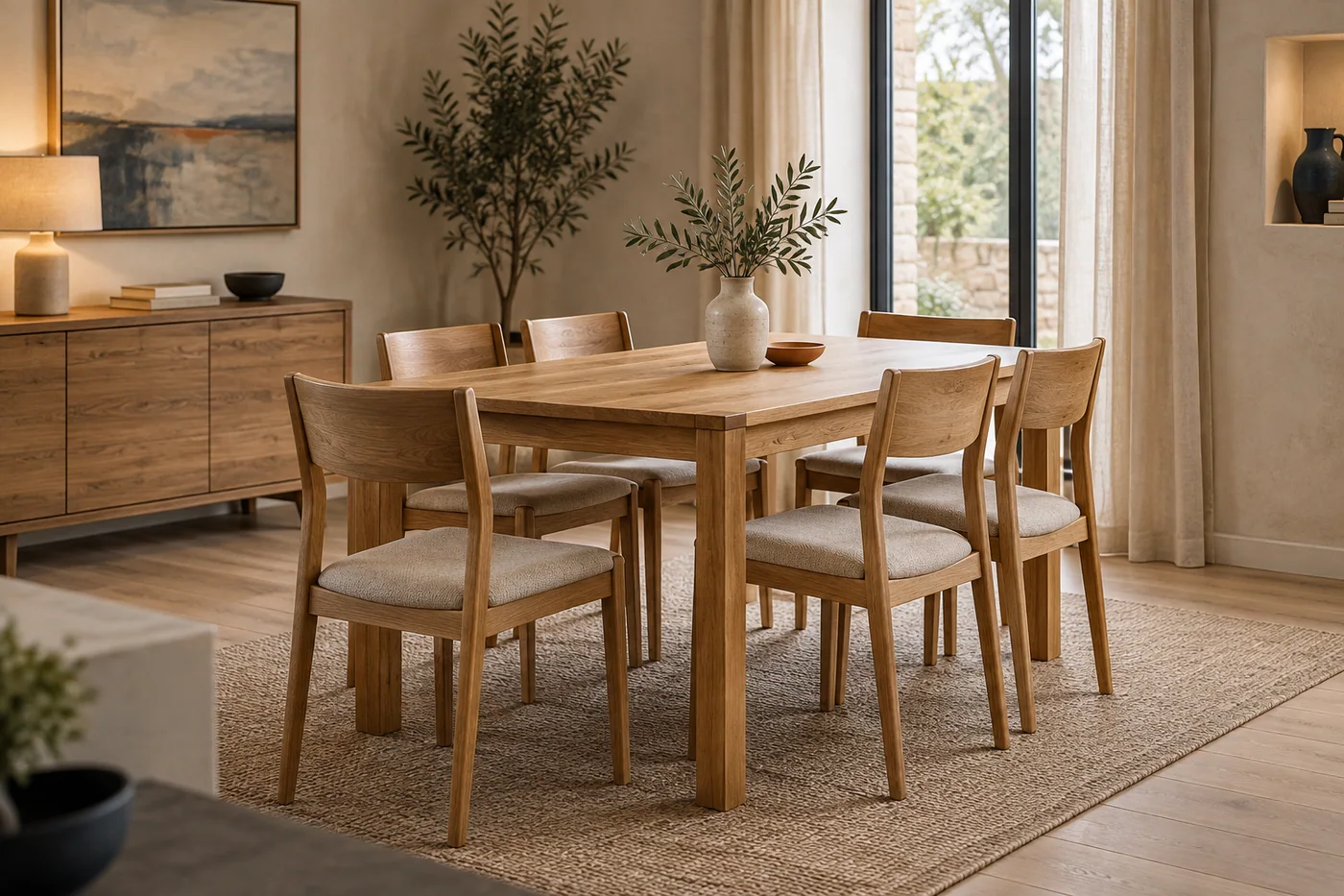 Warm dining space with an oak table