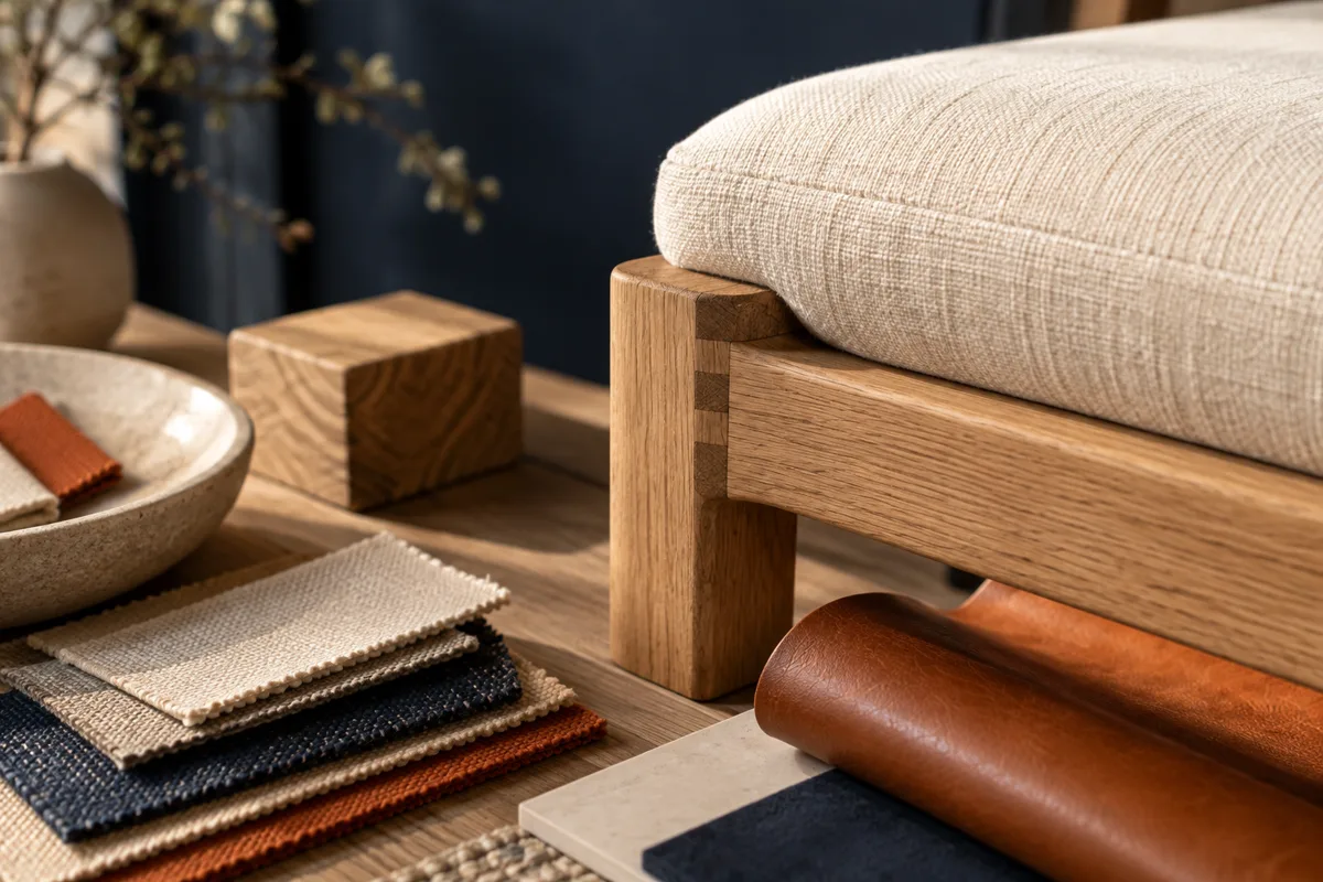Oak furniture joint with cream, navy and orange material samples
